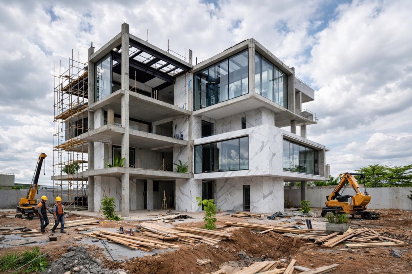A multi-storey concrete house under traditional construction with scaffolding and an excavator on a muddy site