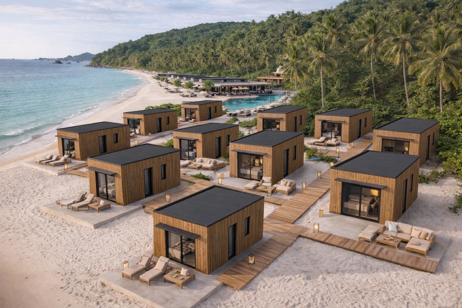An aerial view of a row of Viro modular villas along a white-sand beach with a pool and palm trees