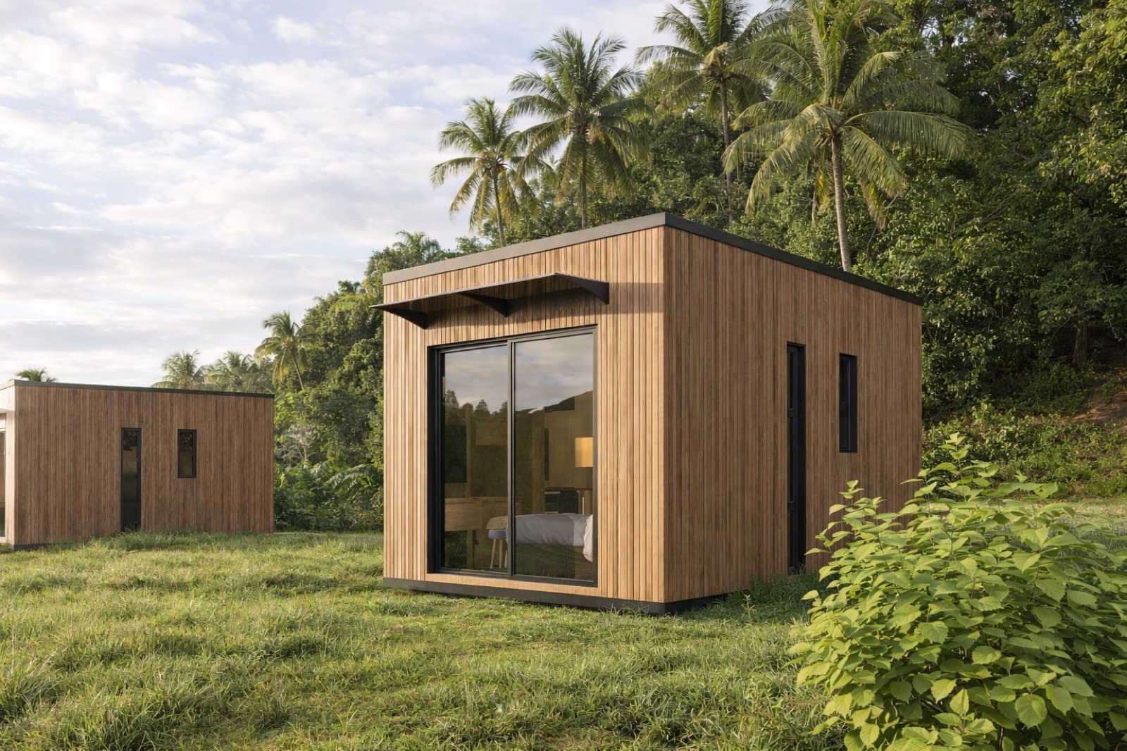 The Viro Sydney modular studio in timber cladding set among tropical greenery, with full-height glazing