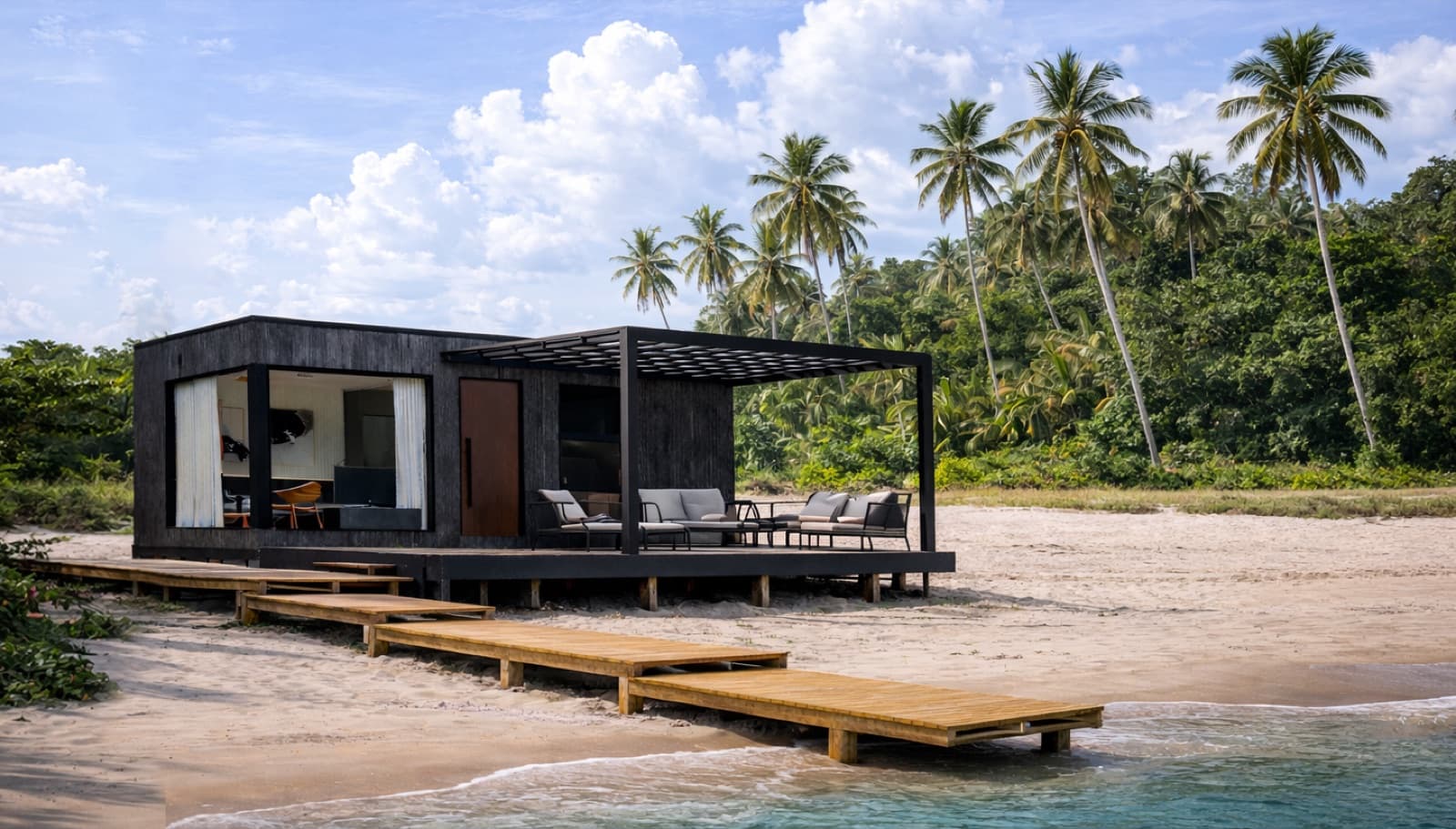 A dark-clad Viro modular beach house with a pergola, outdoor lounge, and timber walkway among palm trees