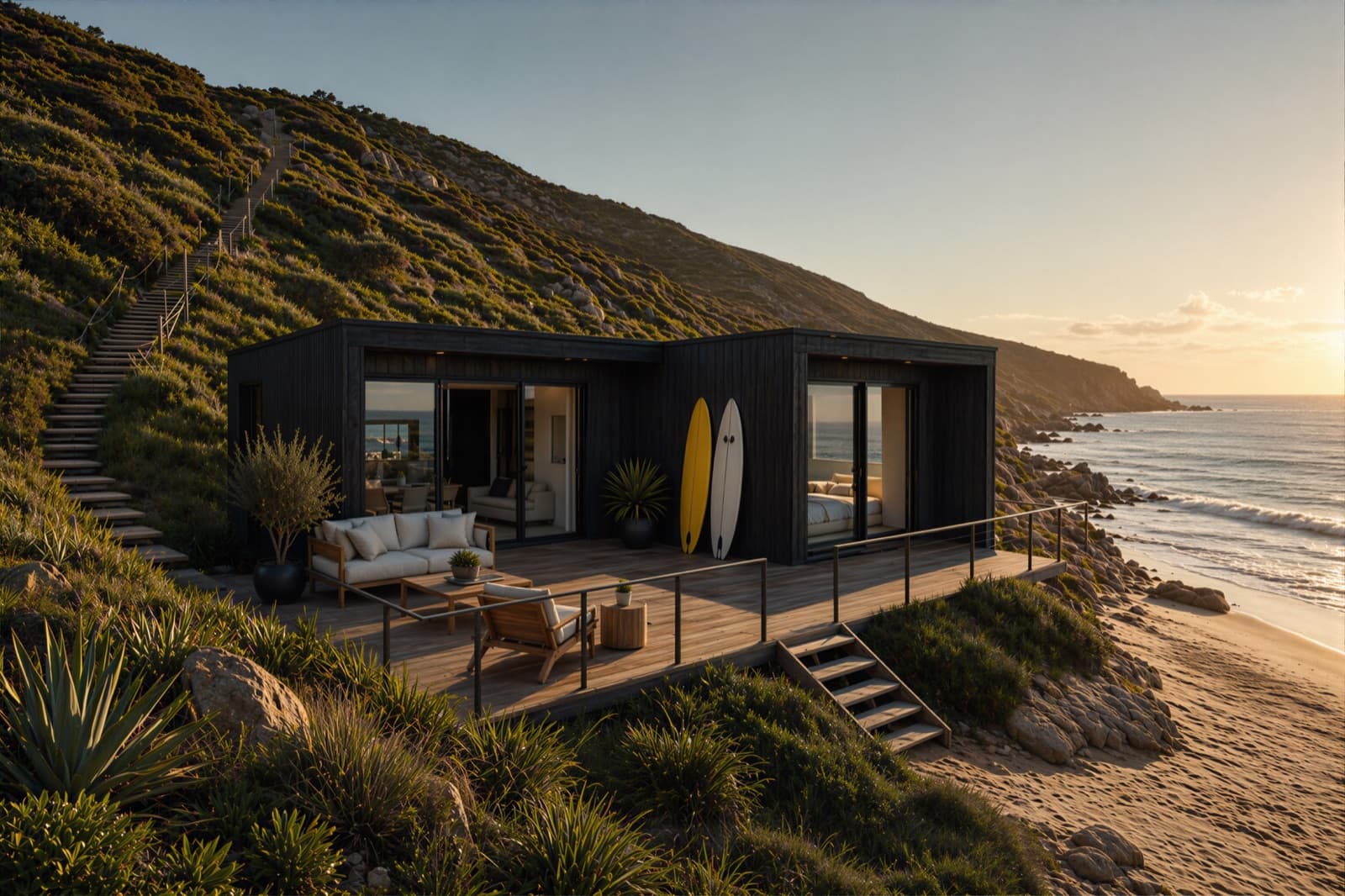 A dark-clad Viro modular home on a coastal hillside at golden hour, fully furnished with a deck overlooking the sea